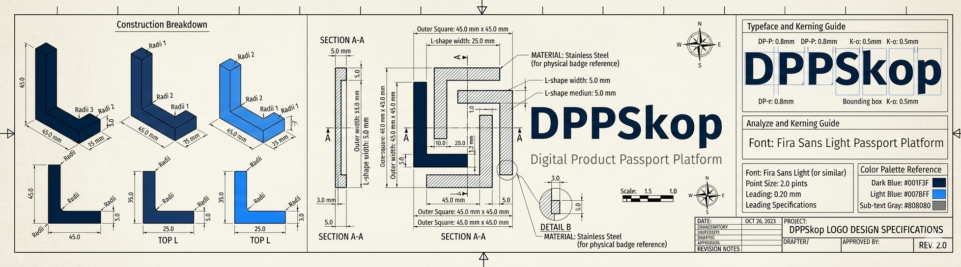 DPPskop Logo Design Specifications — English version: Construction breakdown, section analysis, typeface and kerning guide, color palette reference