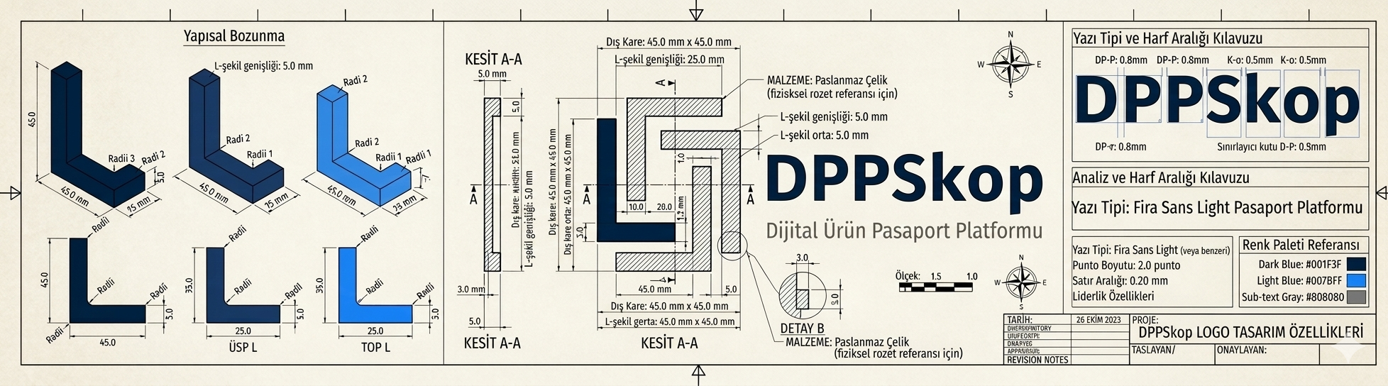 DPPskop Logo Teknik Çizim — Türkçe versiyon: Yapısal bozunma, kesit analizi, harf aralığı kılavuzu ve renk paleti referansı